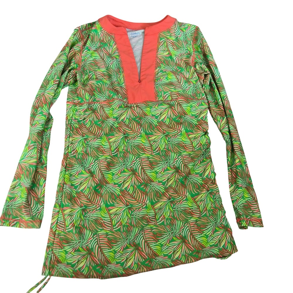 Cabanalife Women Green Coral Palm Leaf Long Sleeve Rash Guard Swim Dress Size L